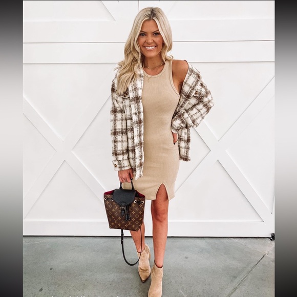 Jess Crum by Hazel & Olive This Moment Cream Brown Plaid Shacket Jacket New - Picture 2 of 9